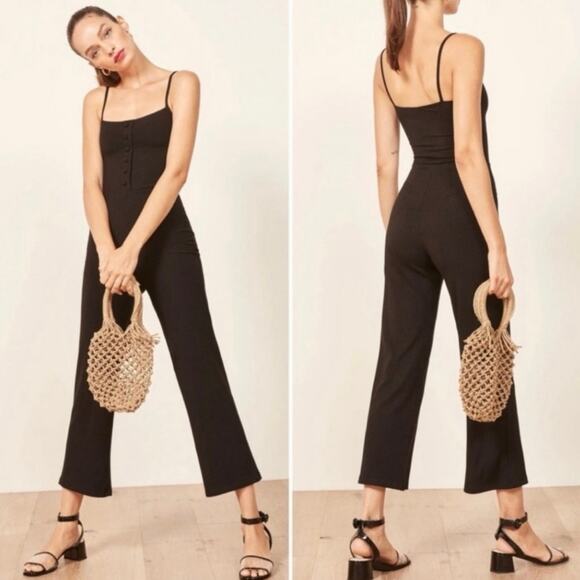 Reformation Ribbed Phoebe Button Black Jumpsuit - Picture 1 of 9
